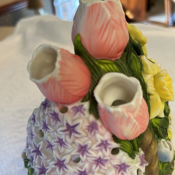PartyLite Porcelain Tea-light Holder Floral Bouquet Basket Spring Flowers - Picture 8 of 12